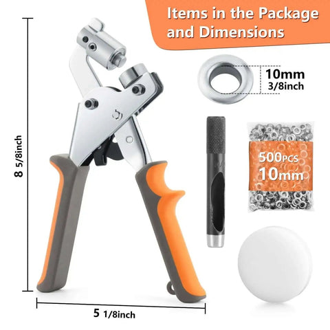 Heavy Duty Manual Grommet Press Kit With 500 Metal Eyelets for fabric, tarps, banners, and curtains, easy grip handle, tool dimensions shown