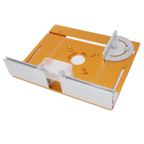 Aluminum Router Table Insert Plate With Flip Plate For Woodworking Benches High Precision Machining And Multiple Cutting Functions Includes Screws Easy Swapping Durable Router Table Accessory, showing a rectangular aluminum plate with gauge.