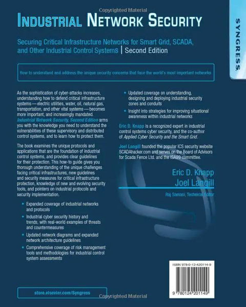 Back cover of blue book: Industrial Network Security, 2nd Edition; barcode visible.