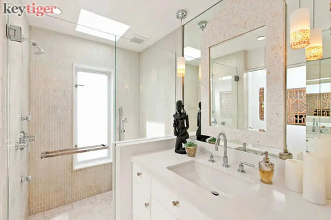 Modern bathroom with glass shower enclosure and chrome fixtures, featuring 16 Inch Modern Stainless Steel Door Handle Pulls In Chrome Mirror Polish Finish For Wood Glass And Metal Doors Push Pull Bar For Single Or Double Doors Sliding Barn Doors And Shower Pulls With Square Rectangle Design.