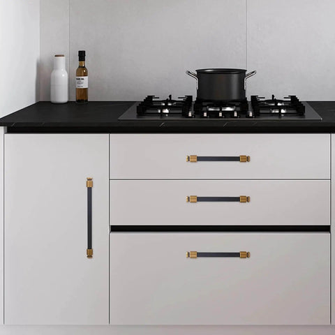 Kitchen with installed 10 Pack 5 Inch Black And Antique Brass Kitchen Cabinet Handles Knurled Cabinet Pulls on white cabinets.
