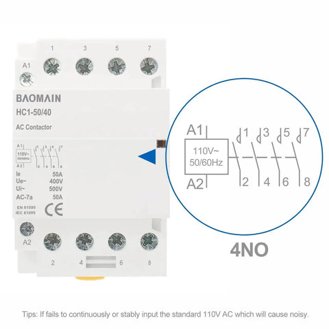 Heavy Duty 110V AC 4 Pole Contactor With Four Normally Open Contacts, 50A Rating, DIN Rail Mount diagram