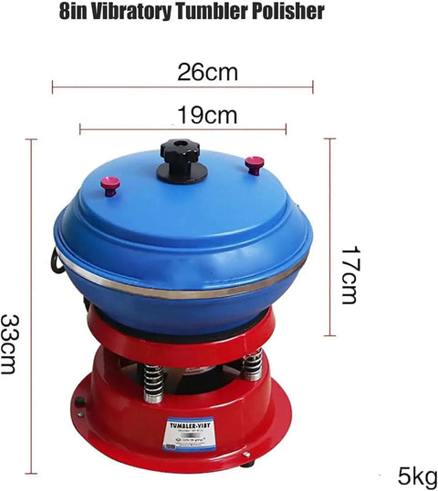 Pro Grade Vibrating Roller Polisher Kit for Metal Parts Gemstones Jade Jewelry and Auto Parts Electric Rock Roller Vibrating Bowl for Deburring Smoothing and High Frequency Polishing, red and blue bowl shown with size dimensions.