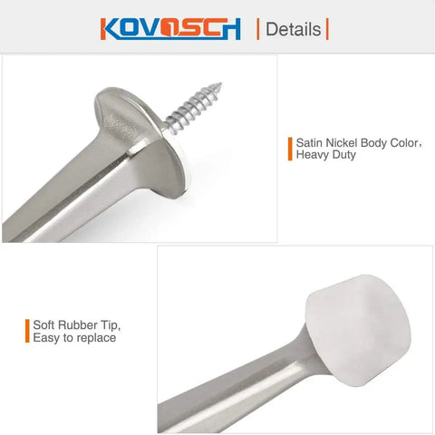 Close-up of 2 Pack Solid Rigid Door Stops With Soft Rubber Tips Wall Protector Satin Nickel, showing screw and rubber tip details.