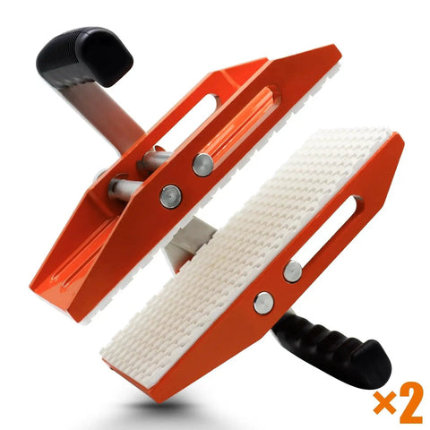 White Rubber Lined Granite Carrying Clamps Double Handed Lifter Marble Slabs shown in front view, orange with white rubber lining.