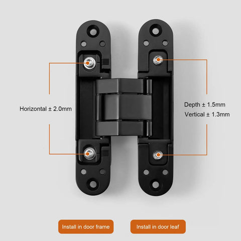 Top view of Invisible 5.5 Inch 3 Way Adjustable Concealed Door Hinges Matte Black Zinc Alloy 180 Degree Swing Hidden Butt Hinge.