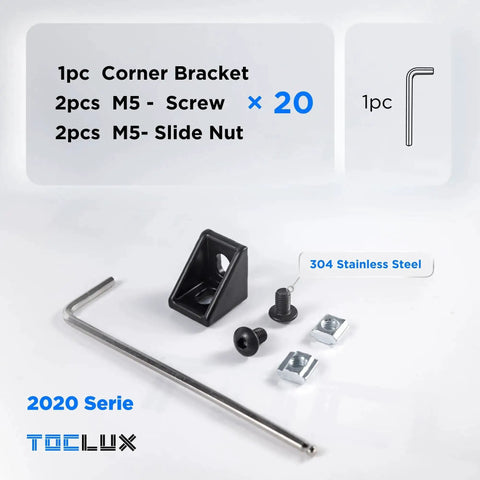 Black 2020 Corner Bracket Kit for 2020 and 2040 Aluminum Extrusion Rail Includes M5 Screws, T Nuts, Hex Wrench, and Brackets