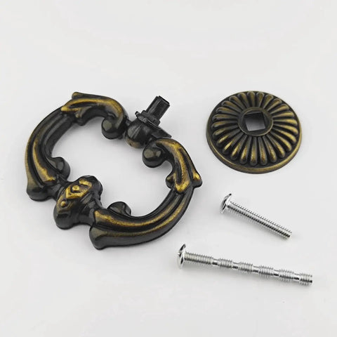 Pack Of 4 Large Drop Cabinet Pulls Two And A Half Inch Ring Dresser Knobs Vintage Style Dark Antique Brass Hardware With 66 Mm Diameter Pulls And 37 Mm Rosettes Zinc Alloy Construction Two Size Screws Included For Cabinets Dressers Drawers, showing one pull, rosette, and screws.