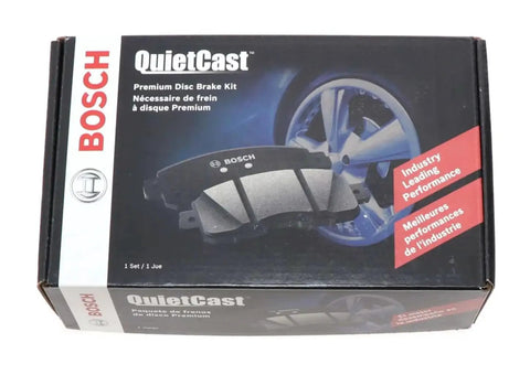 Bosch QuietCast rear semi-metallic brake pad set box for select Audi/VW models, front view