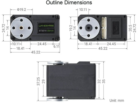 Dimensions of 30Kg High Torque Serial Bus Servo Motor with 360 Programmable Magnetic Encoder, front and side views.