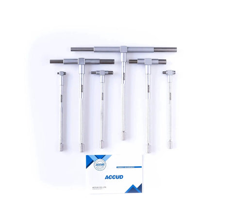 Telescoping Bore Gauge Set Five Sixteenths To Six Inches With Satin Chrome Finish T Bore Gauges Self Centering System Set Of Six Pieces In Fitted Plastic Case For Machinists And Metalworking Pros For Everyday Shop Use And Precision Hobbyists, displayed on a table with instruction manual.