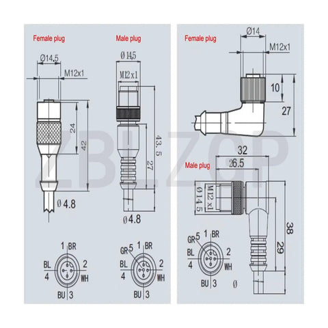 Technical diagram of M12 5 Pin A Code Shielded Sensor Connector Cable Male To Female Aviation Connector