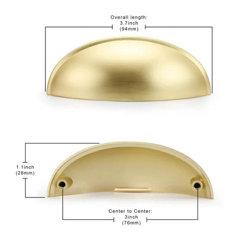 5 Pack 3 Inch Center To Center Light Brass Bin Cup Pulls Brushed Gold Zinc Alloy Cabinet And Drawer Pulls Front and Side View