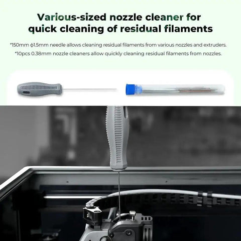 Ultimate 74 Piece 3D Printer Tools Kit For Disassembly Assembly Finishing Filament Cutting And Nozzle Cleaning For All FDM Printers Creality Compatible showcasing nozzle cleaner with handle and spare needles.