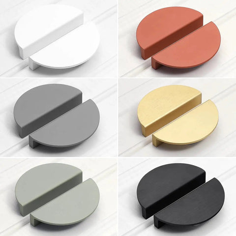 Variety of semicircle cabinet handles in different colors, displayed on a white background, showcasing color options and finishes.