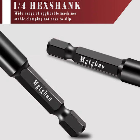 Close-up of black hex shank drill bits marked 'Mgtgbao' in a 1/4 inch size.