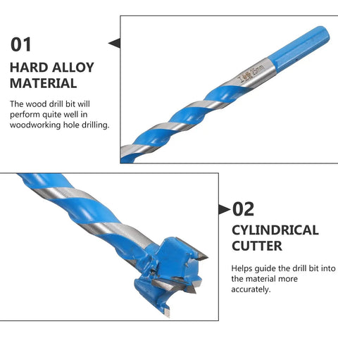 Hard Alloy Woodworking Drill Bit 25x125mm Extended Thread Hole Opener Blue, showcasing drill bit design and material features.