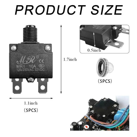 5 Pack Thermal Circuit Breakers 125/250V AC, 32V DC, 10A With Manual Reset Push Button, Waterproof Cover dimensions