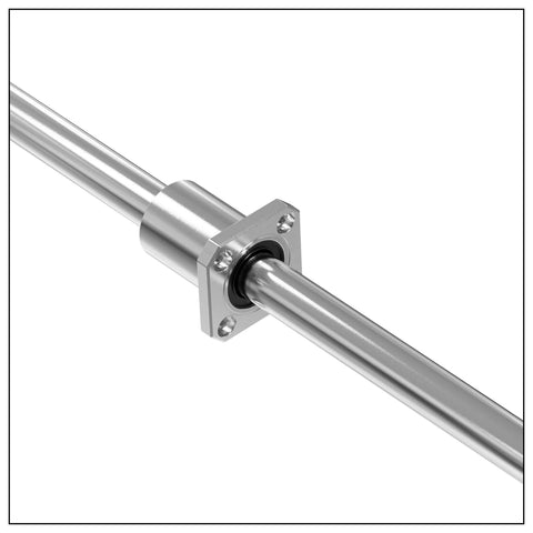 LMK12UU Square Flange Linear Bearing Pair with 12mm Bore 21mm OD 30mm Length installed on a rod for CNC machines and 3D printers