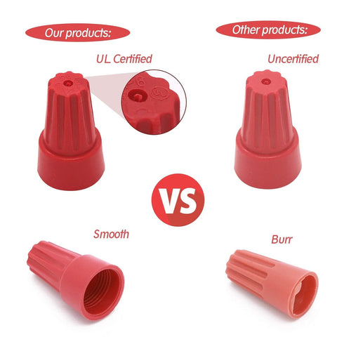 Red plastic insulated wire caps for quick electrical connections, 180 pcs, UL Certified shown.