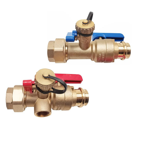 Brass 3/4 in tankless water heater isolation valve kit with pressure relief; red and blue handles, two valves.