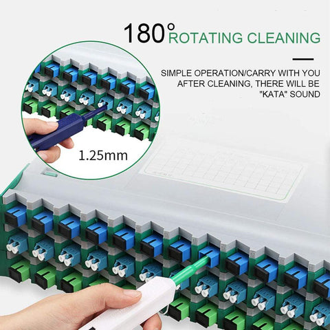 Two-piece fiber optic cleaner pen set in blue and white with 180° rotating cleaning for 1.25 mm connectors