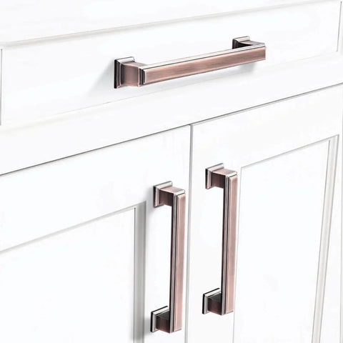 5 Inch Brushed Antique Copper Cabinet Hardware Pulls And Knobs Set For Kitchen And Furniture, square solid zinc alloy handles installed