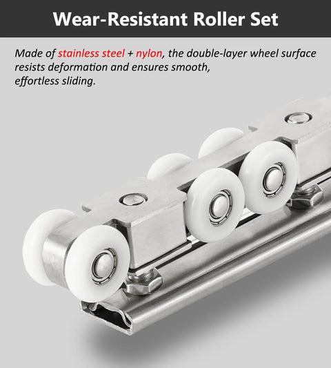 Close-up of stainless steel and nylon roller set for Ceiling Mounted Sliding Door Track Kit With Bypass Pocket Hardware, 6 Wheel Set.
