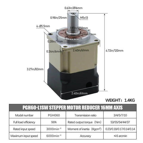 6 Arcmin Helical Planetary Gearbox Reducer For 8mm Stepper Motor And 14mm 60ST Motors, 4 to 1 Reduction, displayed with specs