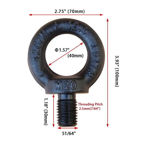 Front view of 12.9 Heavy Duty Lifting Eyebolt For Trucks And Trailers Beefy 6 Ton Working Load Limit Thirteen Sixteenth Inch Eye Industrial Grade Forged Steel DIN580 M20 Size For Towing And Pulling Point 42CrMo Alloy Steel Forged Hardware, showing dimensions and thread details.