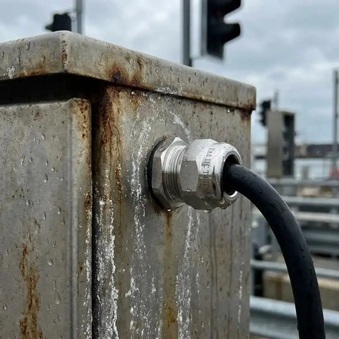 Installed Two Pack 1/2 Inch NPT Stainless Steel Waterproof Cable Glands IP68 on weathered metal box, securing outdoor wiring.