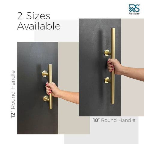 Dope 12 Inch Brushed Brass Gold Barn Door Handle Kit With Solid Aluminum Pulls And Flush Handles Heavy Duty Sliding Door Hardware 1 Door Pack Includes Screws And Protective Pads, showing 12 and 18 inch round handles on a black door.