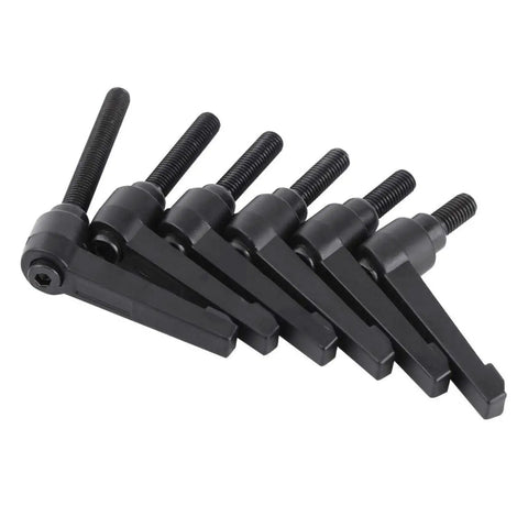 Set of adjustable clamping levers with external male threads for machinery, ratchet style handle knob with locking push button, M8 size.