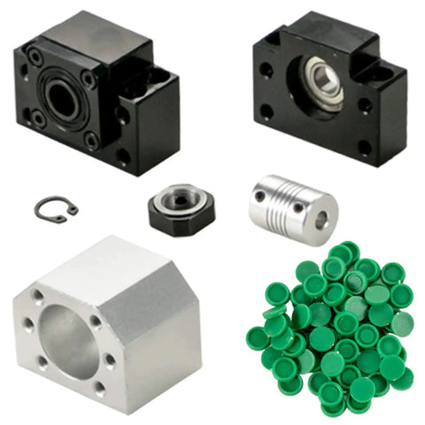 Components of Beefy HGR20 1500mm Linear Guide Rail Kit with RM1605 ballscrew, ball nut, BF12 BK12 nut, and coupling