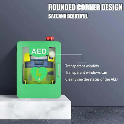 Wall Mounted Go-To AED Defibrillator Cabinet with Alarm, Keyed Lock, green steel enclosure with transparent window for visibility