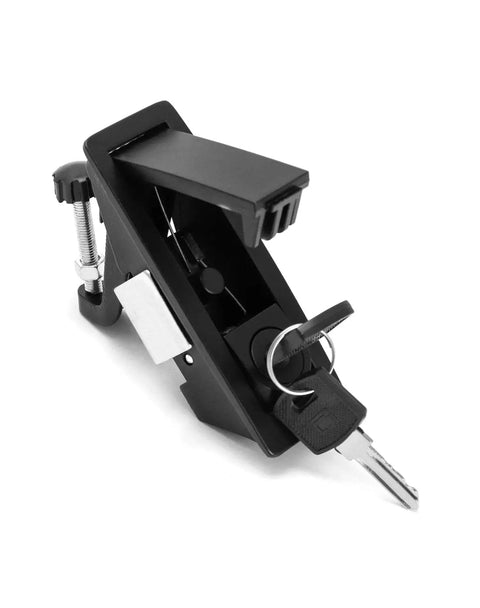Large Hand Operated Compression Latch With Push Button Actuation For Marine Use showing black latch with key