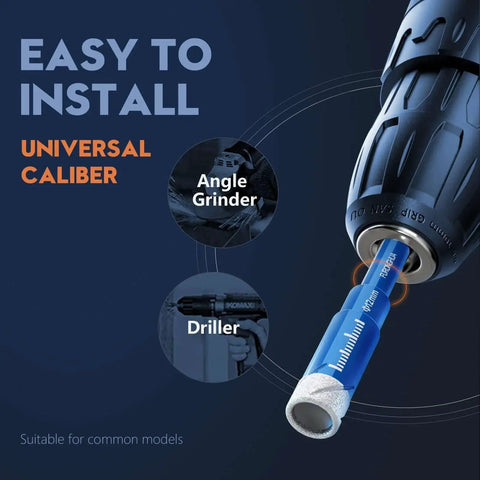 Close-up of a drill with a blue core bit from 5 Piece Pro Grade Dry Diamond Core Drill Bits Set Three Sixteenth Inch For Ceramic Porcelain Tile Granite Marble Glass And Other Hard Materials Diamond Hole Saw Kit With Cooling Wax And Round Shank.