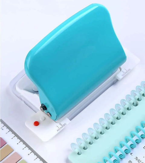 Blue 10 Hole Puncher for loose leaf paper, handheld metal circle punch tool for A4 A5 B5 notebooks, works with 20 26 30-hole bindings.