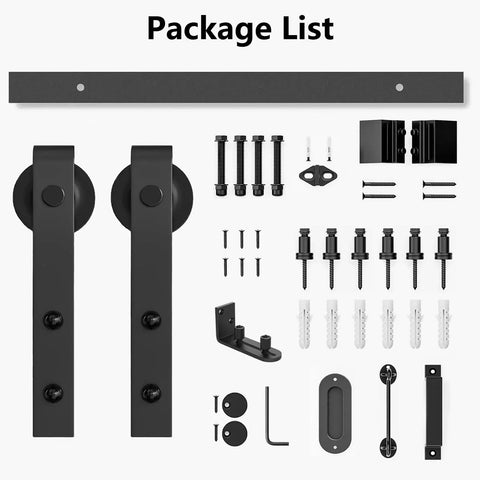 Heavy Duty 6.6Ft Barn Door Hardware Kit with components including J shape hangers, floor guide, and lockable handles for interior exterior use.