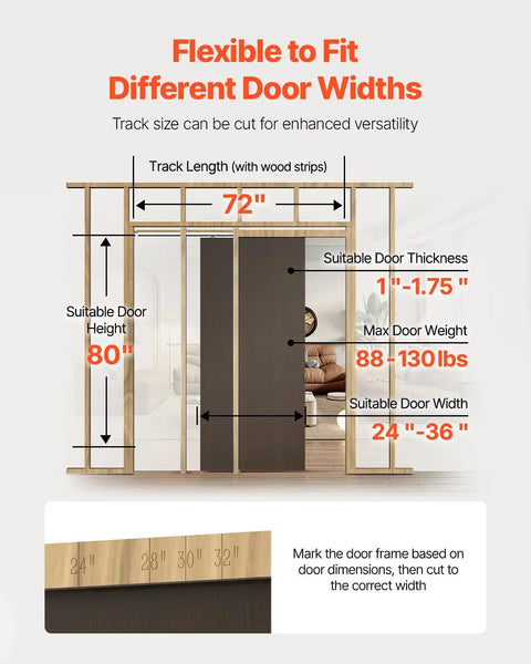 Diagram showing pocket door frame kit dimensions for 24-36 inch wide doors, 80 inch high, with wood and steel construction.