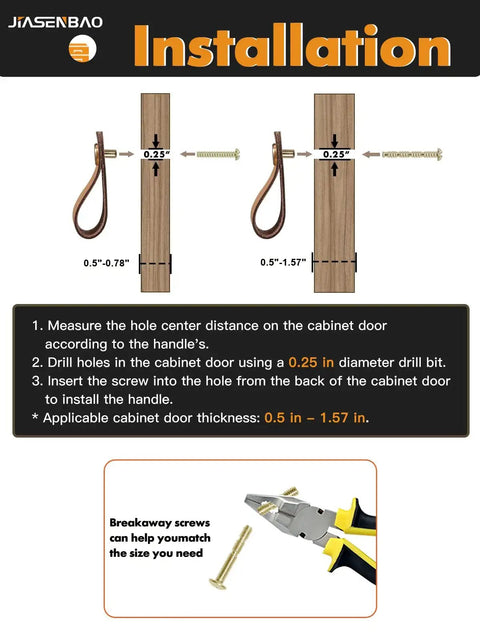 Installation guide for Brown Leather Drawer Pulls 6 Pack for Kitchen Cabinets showing screw placement and measuring instructions.