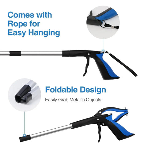 2 Pack Grabber Reacher Tool Set Featuring 32 Inch Extra Long Steel Foldable Pick Up Stick With Strong Magnetic Grip visible side view
