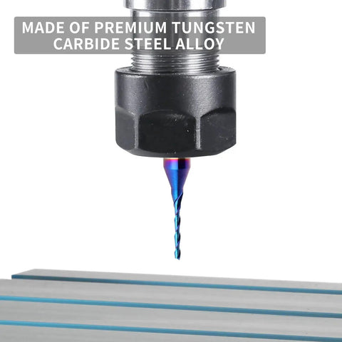 Close-up of Upcut Spiral Router Bit With One Quarter Inch Shank And One Sixteenth Inch Cutting Diameter Solid Carbide Blue Nano Coated CNC Router Bit For Wood Carving And Engraving Built For DIYers And Pros Alike EANOSIC in tool holder over wood surface.