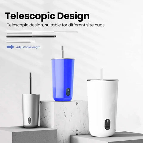 Travel Ready Reusable Collapsible Telescoping Stainless Steel Straws 4 Pack TSA Friendly displayed in cups of various sizes