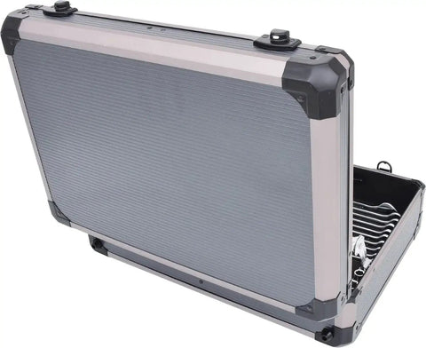 Side view of a metal case containing the One Quarter And One Half Inch Drive Universal Tool Kit Set 149 Pieces, lid open.