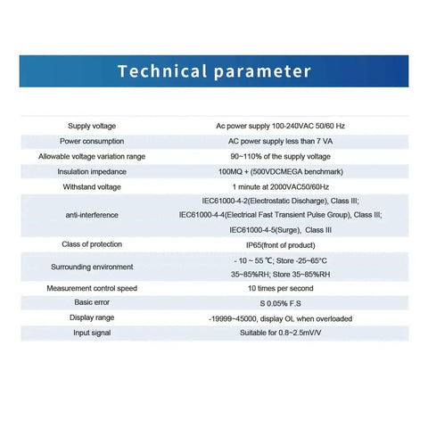 Technical parameters chart for Pro Grade High Precision Load Cell With Indicator For Tension And Compression Weight Sensing On Scales