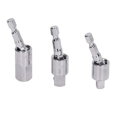 Three chrome-plated drill socket adapters with 360-degree rotating sleeves and square drive heads for power tools