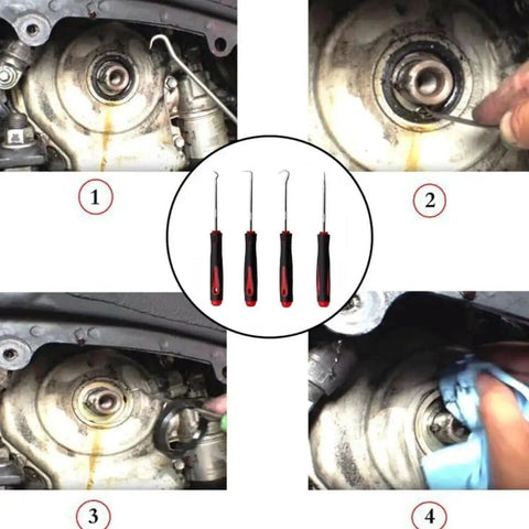 6.5 Inch 4 Piece Hook And Pick Set With Comfort Grip And Anti Slip Shaft used for oil seal and gasket removal in engine repair