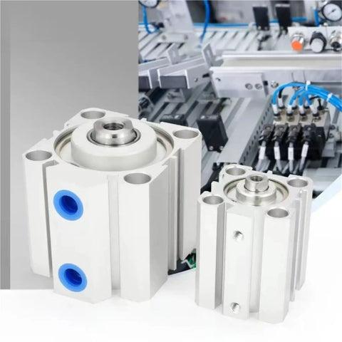 ZZAYGESY SDA pneumatic double-acting cylinder, compact aluminum body with blue ports, two white units.