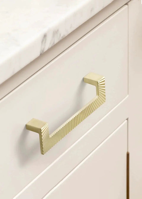 Five Pack Gold Cabinet Pulls 5 Inch Center To Center Brushed Brass Drawer Handles for Bathroom Vanity and Cabinets installed
